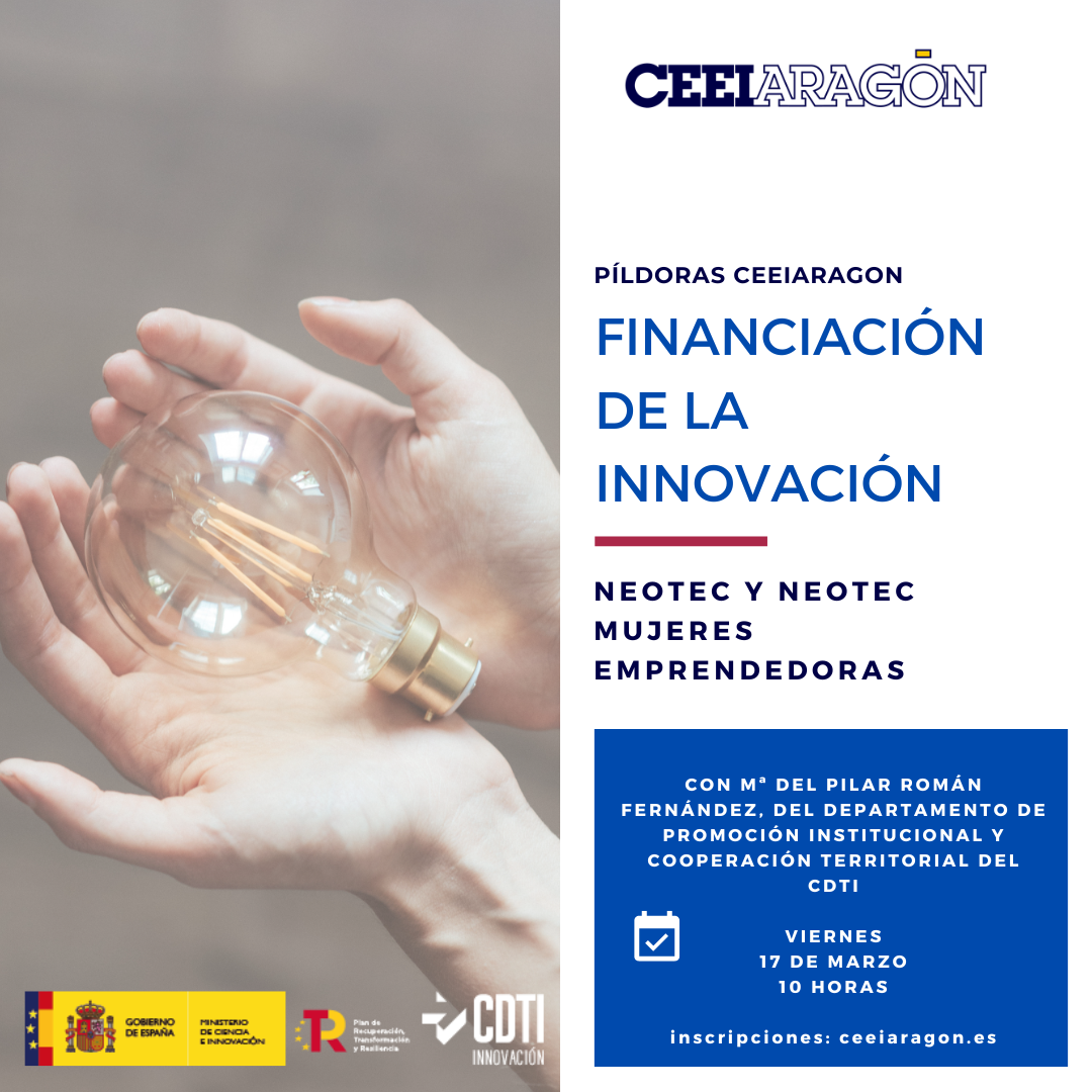 cartel píldoras CEEIARAGON Financiación de la innovación con imagen de 2 manos sosteniendo bombilla