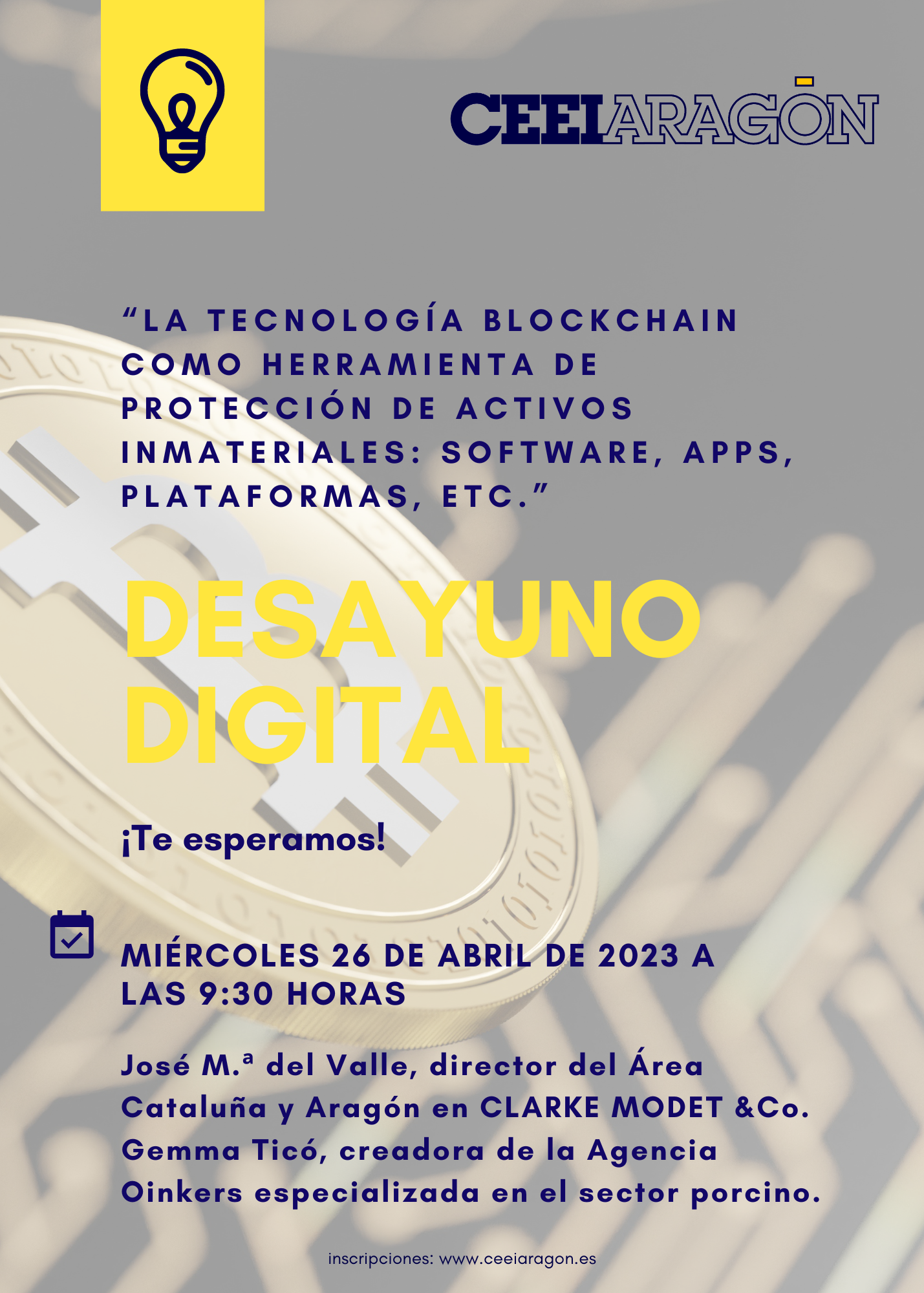 cartel desayuno digital CEEIARAGON sobre Blockchain con imagen de Bitcoin de fondo